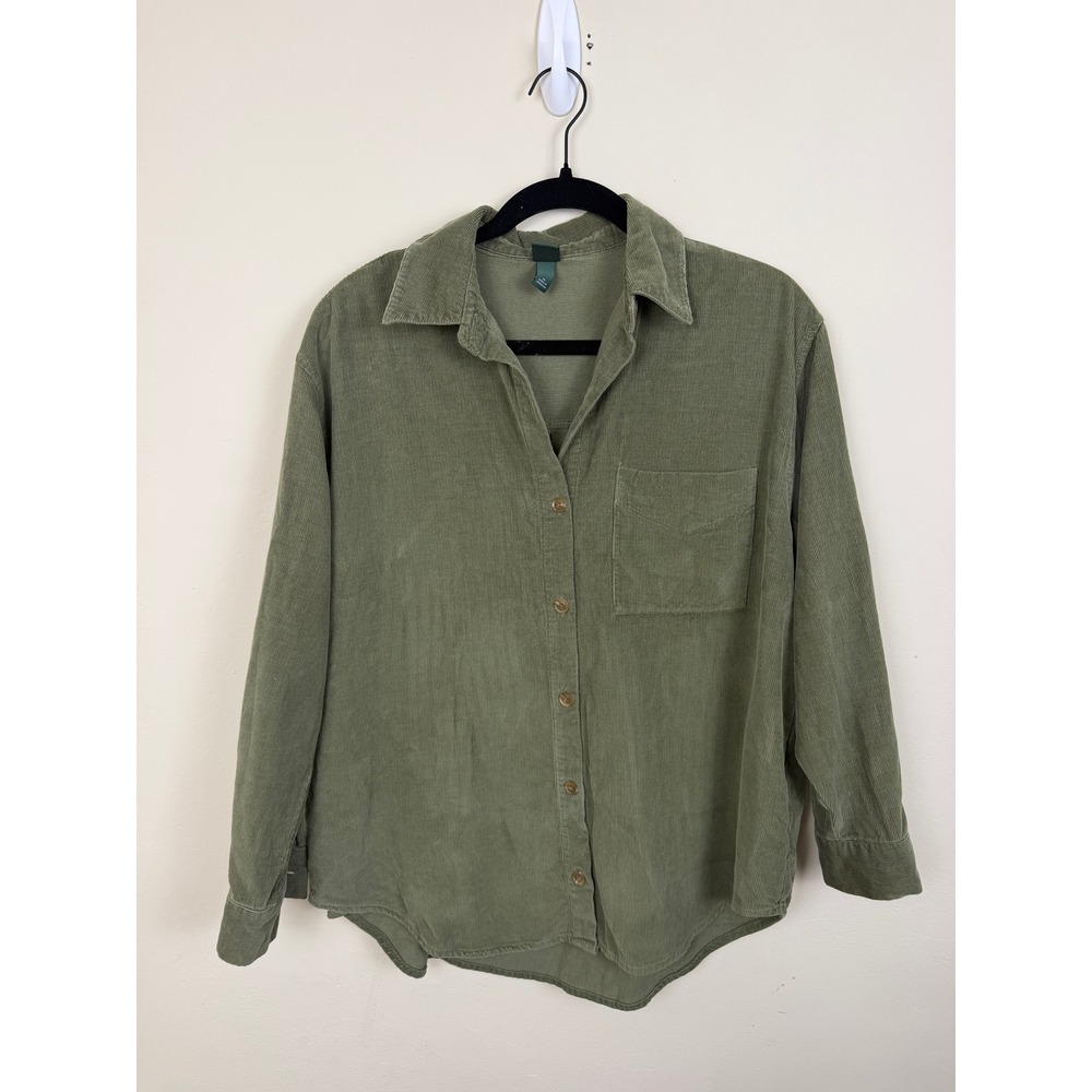 Olive Green Corduroy Button Down Shirt Long Sleeve Cotton Pocket M